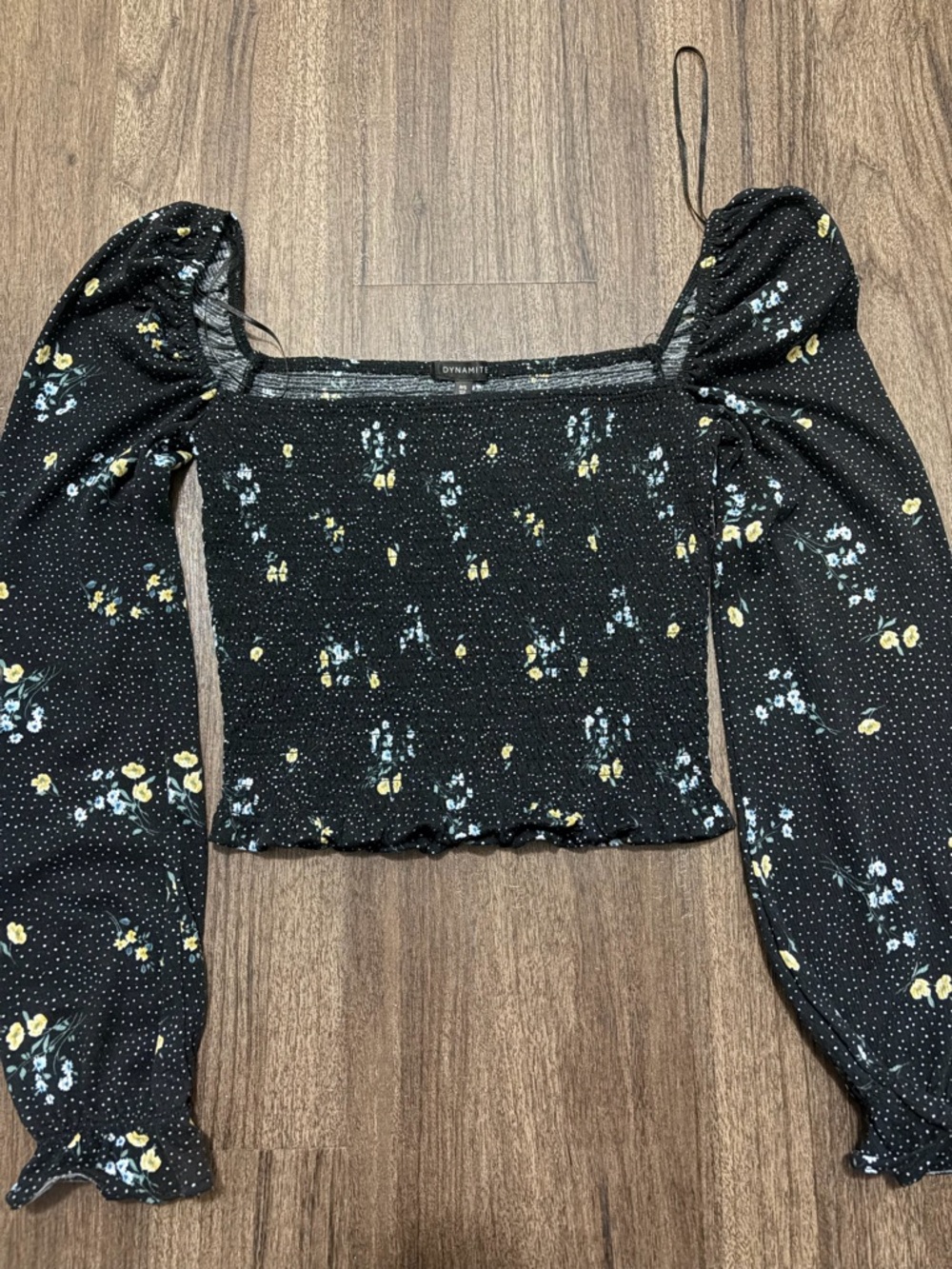 Dynamite Black Floral Smocked Puff-Sleeve Top - Picture 1 of 2